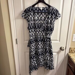 J. Crew Navy Blue and White Ikat Print Ruffle Wrap Dress XXL